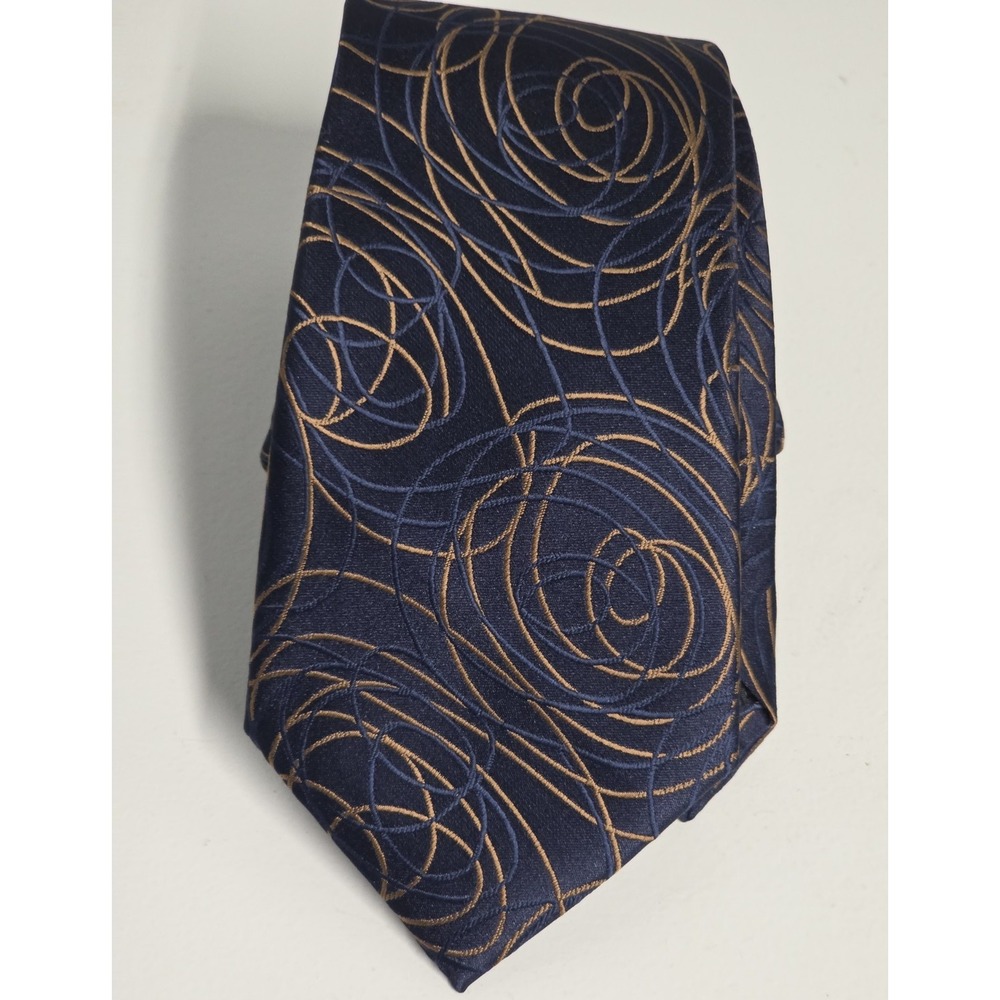 Barry Wang Mens Classic Abstract Gold Rose Blue Silk Necktie Designer Business